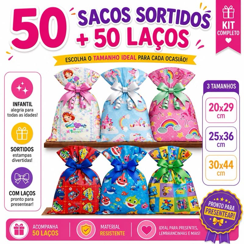 Kit 50un Sacos Presente Infantil Sortidos + 50 Laços | Escolha o Tamanho | Embalagem Criança Festa Luxo