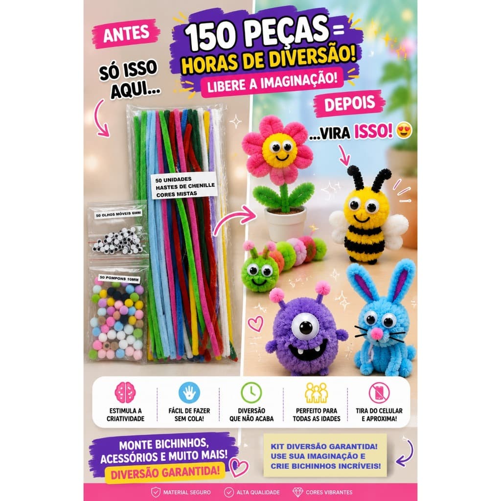 Haste de Chenille Kit Criativo 150 peças (50 limpador de cachimbo + 50 pompons + 50 olhinhos)