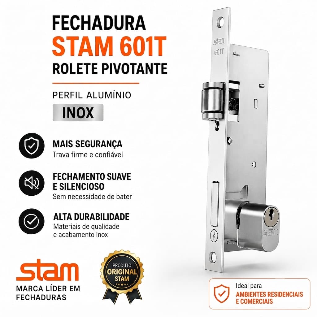 Fechadura Stam 601T Rolete Pivotante Para Porta de Alumínio Perfil Estreito Inox Original