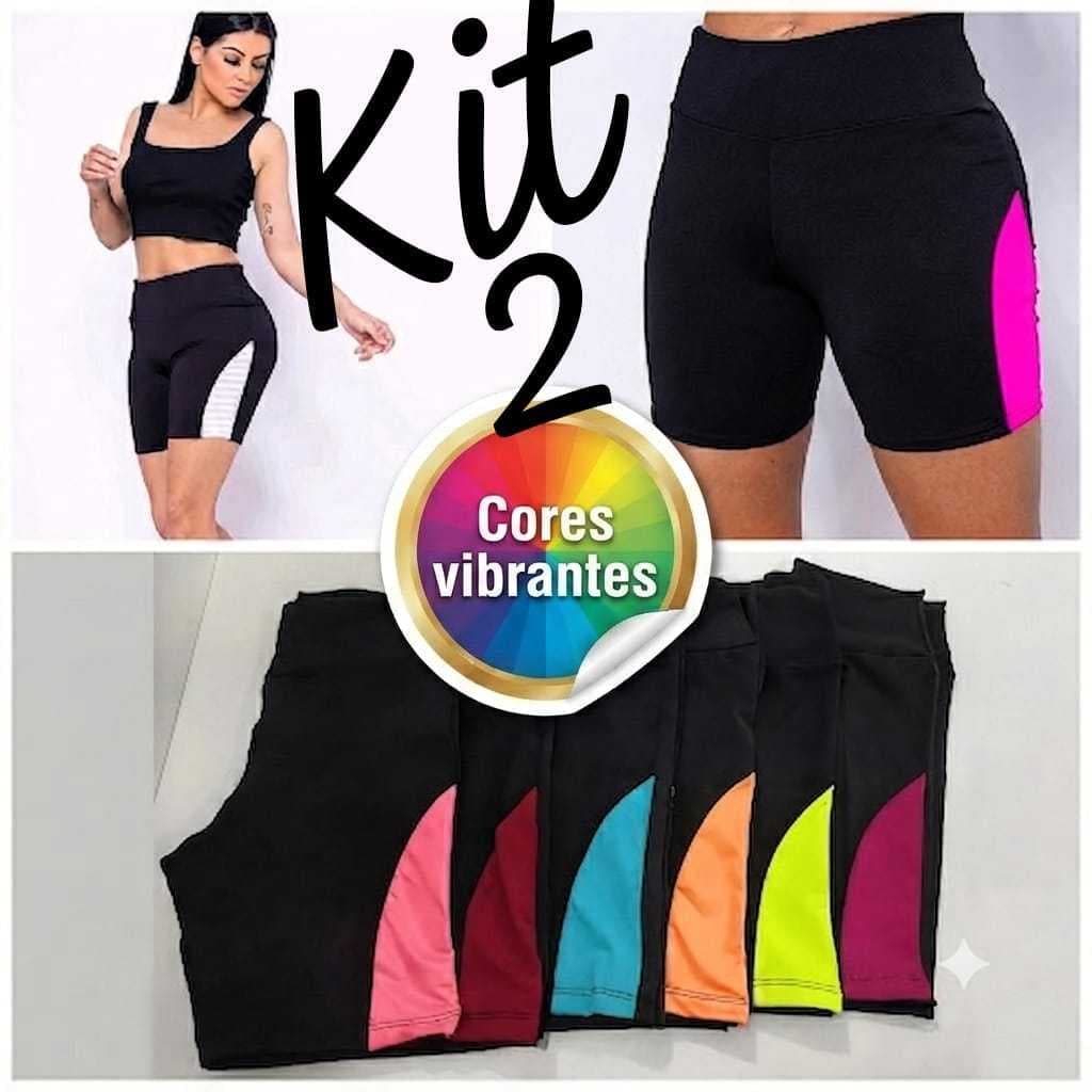 KIT 2 Shorts Feminino Detalhe Lateral Com Cores Bermuda Academia Fitness Treino Cós Alto