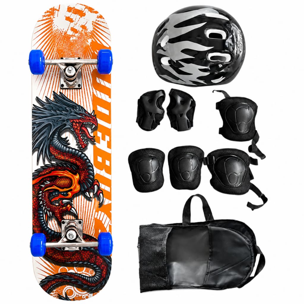 Skate Infantil Montado Completo Estampado Dragão Kit De Proteção Com Capa Do Skate