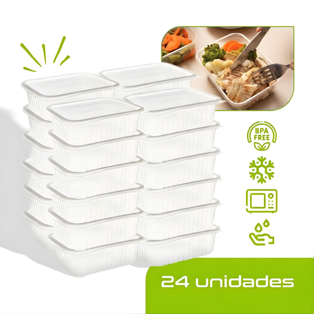 24 Marmitas 250ml e 500ml Fit Pote Descartável Retangular Plástico Freezer Microondas com Tampas