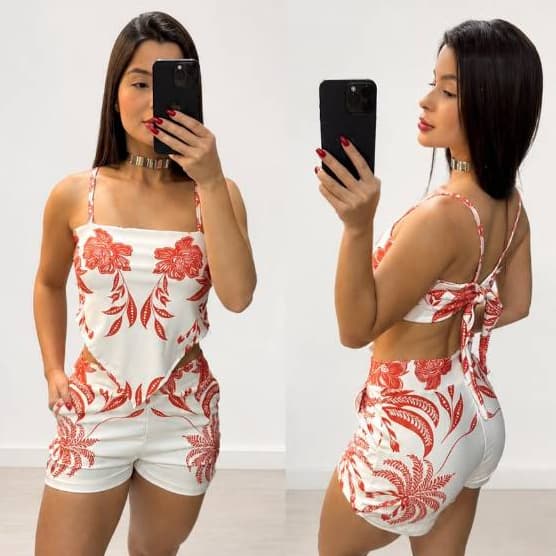 Conjunto Feminino Cropped com Short Detalhe Amarre na Blusa Estampado Tendências