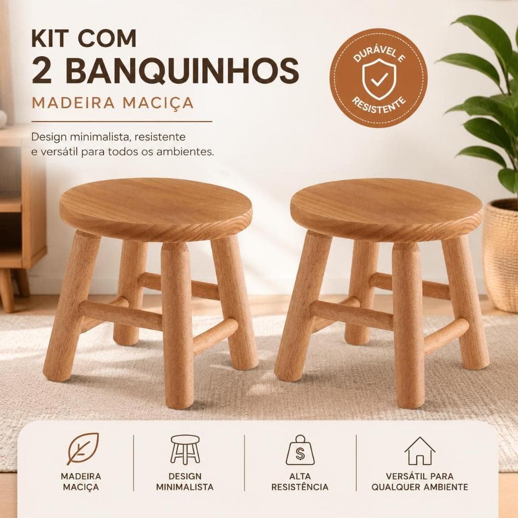 Kit 2 Banquinho De Madeira Banqueta Pequena Tamborete