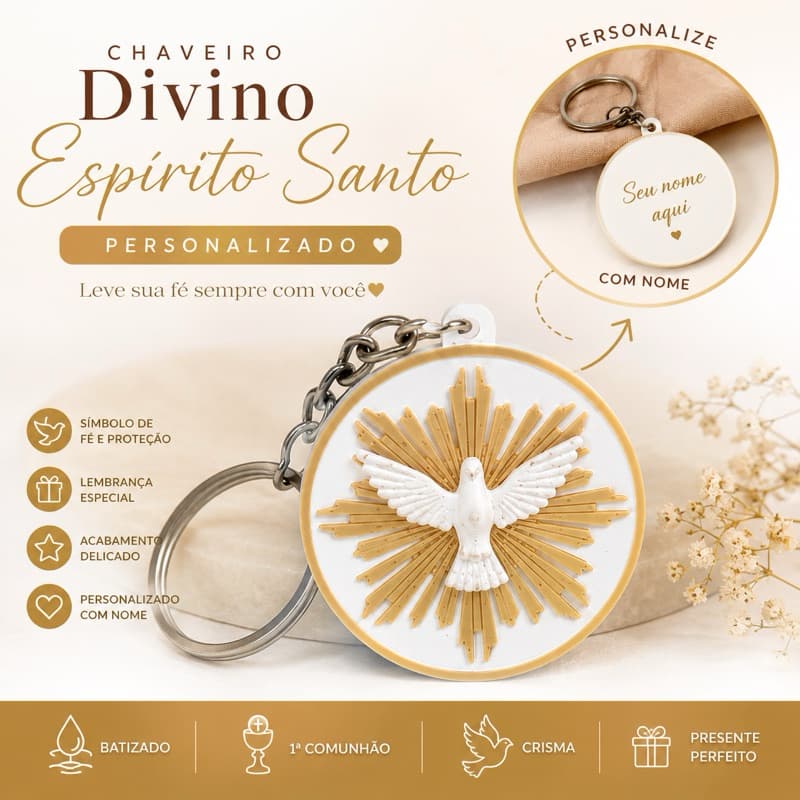 Chaveiro Divino Espírito Santo Personalizado | Lembrancinha Religiosa com Nome Gravado | Comunhão, Crisma e Batizado