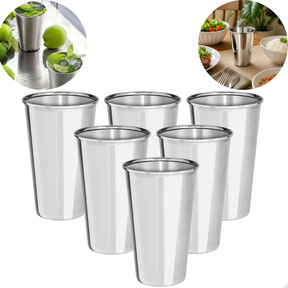 Conjunto 6 Copos Aço Inox 250ml Ideal Para Bebidas Agua Suco Pratico Kit 6 Unidades