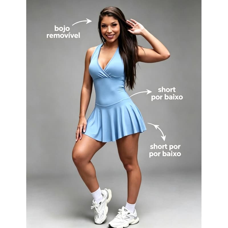 Macaquinho Short saia suplex fitness roupa moda praia maio discreto e academia feminina