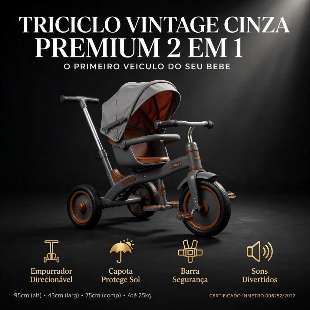 Triciclo Infantil Vintage com Empurrador Dirigível Capota Retrátil Removível Proteção Lateral Sons Passeio Bebê Menino