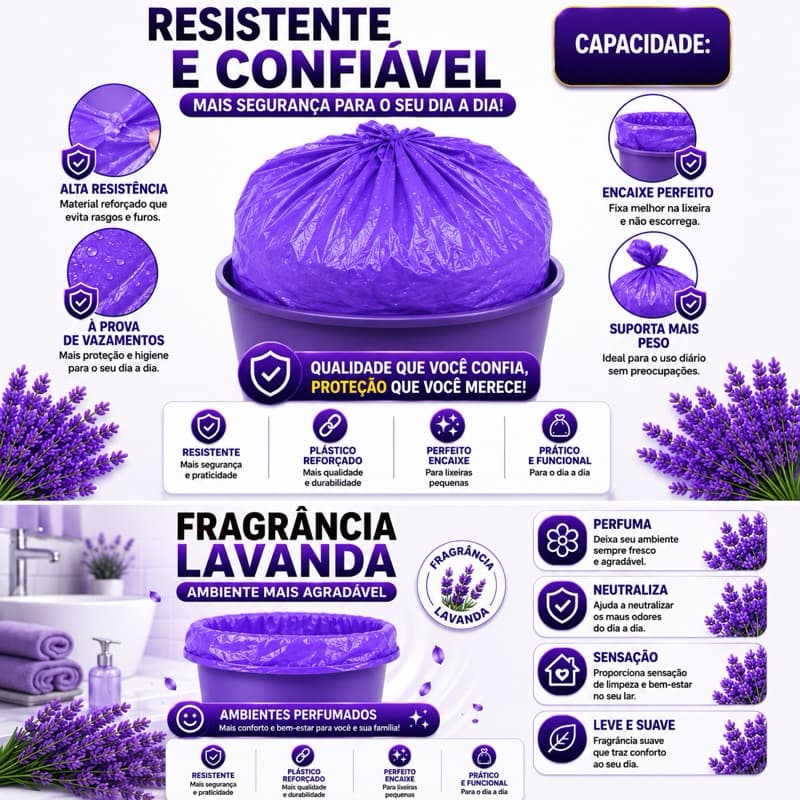 Saco Lixo Perfumado Lilás Lavanda Neutraliza Odor Anti Inseto 10L 15L 30L 50L