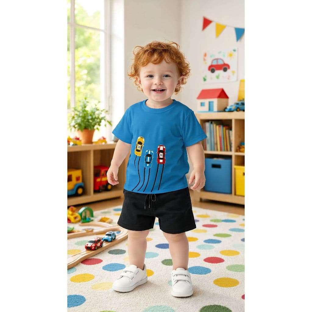 Conjunto Infantil Menino Camiseta + Shorts Carrinhos de Corrida Algodão Verão Roupa de Bebê