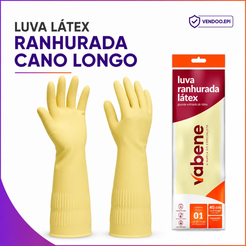 Luva Ranhurada Vabene Látex Natural Grossa 40cm Punho Longo Limpeza Pesada Proteção Reforçada