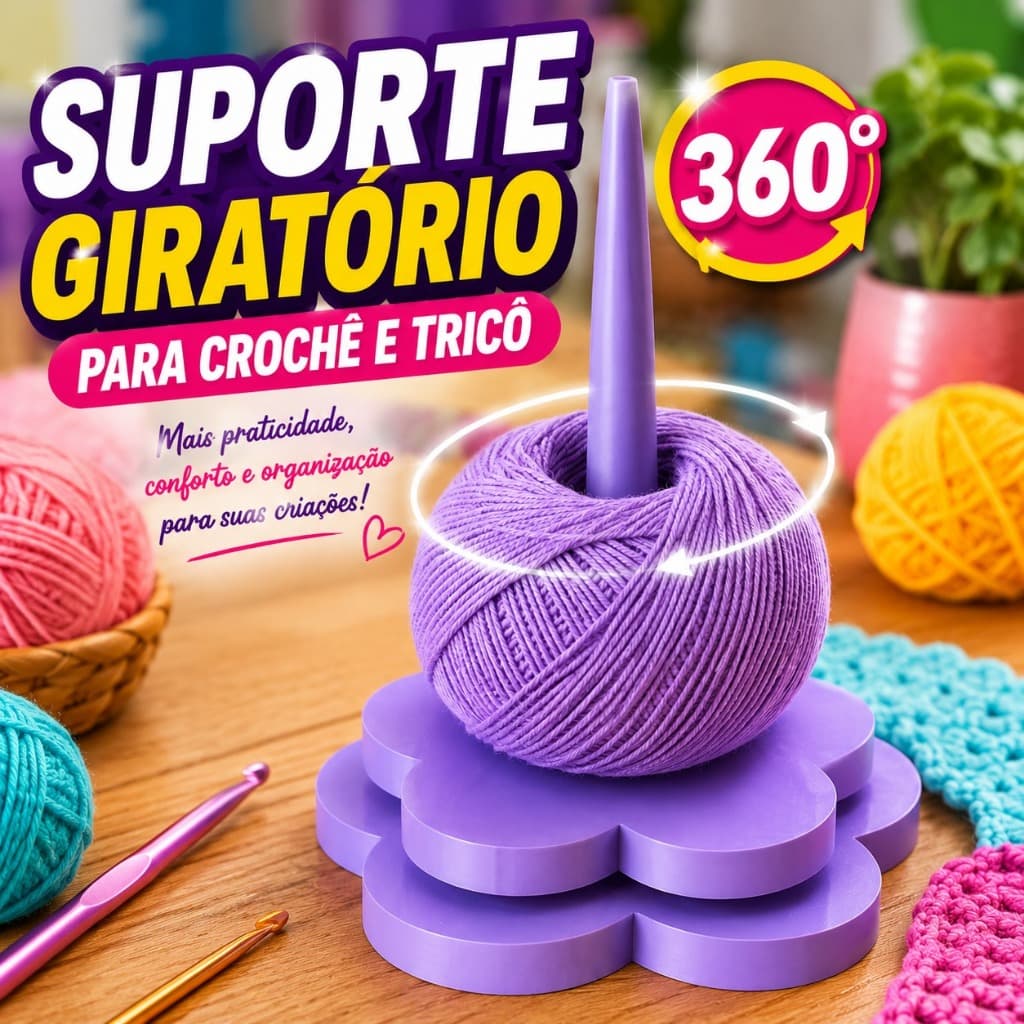 Suporte Porta Novelo Giratório 360° Crochê, Tricô Organizador, Anti Embaraço, Flor Artesanato Manual