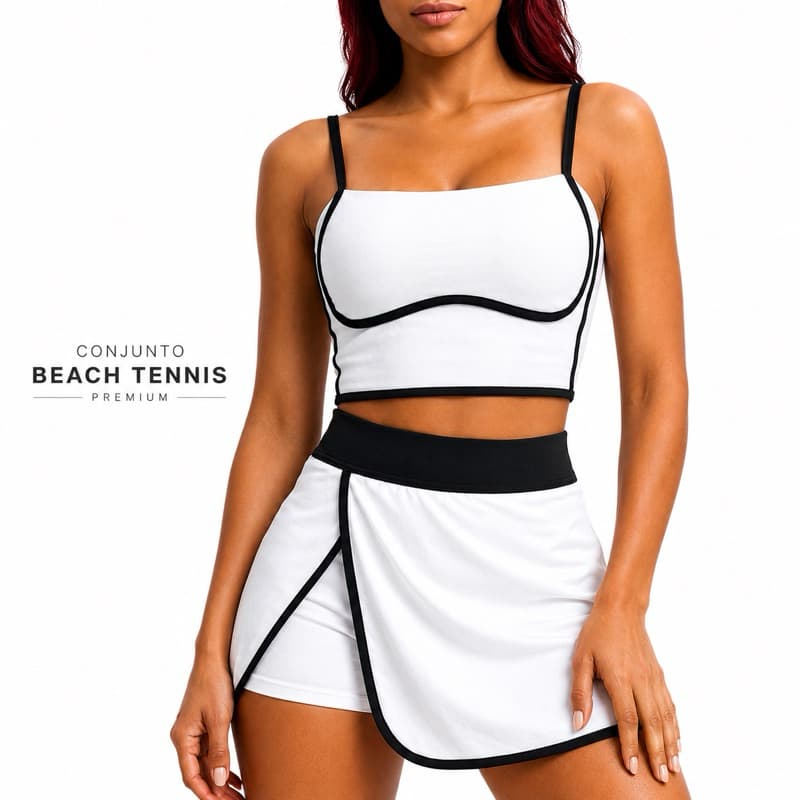 Conjunto Beach Tennis Feminino Premium Saia Shorts Transpassada Top Poliamida UV50 Academia