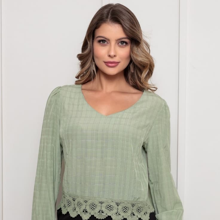 DUOUNO - BLUSA FEMININA MANGA LONGA ALGODÃO TEXTURADO RENDA GUIPURE NA BARRA BLUSAS FEMININO XADREZ