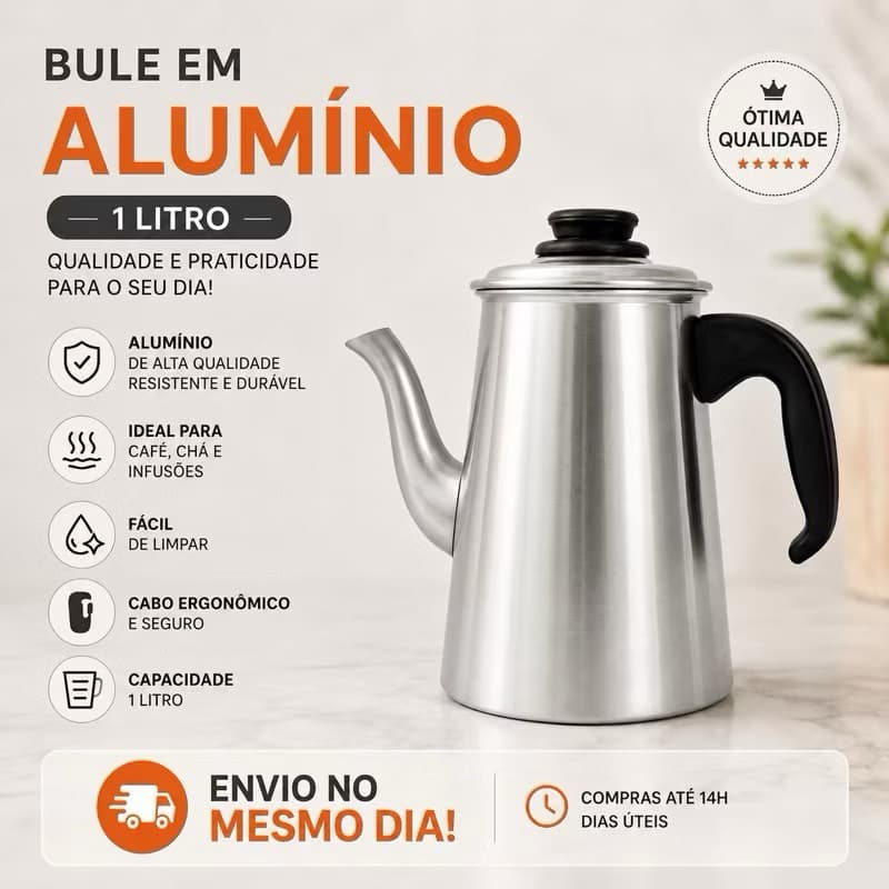 Bule de Alumínio 1 Litro para Café e Chá Chaleira Alumínio Resistente com Cabo Ergonômico