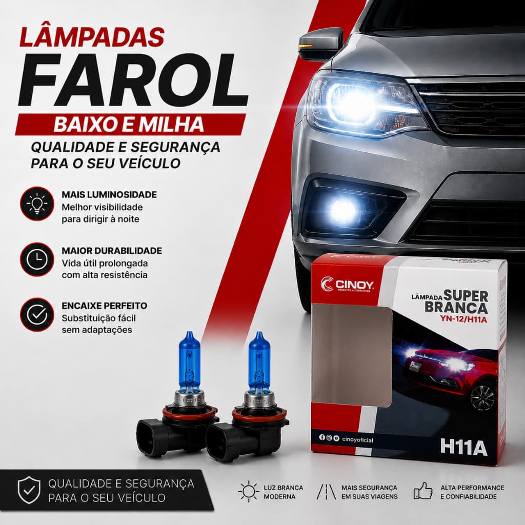 Par Lâmpada H11 8500K Super Branca Efeito Xenon Cinoy 55W 12V Farol Encaixe Padrão