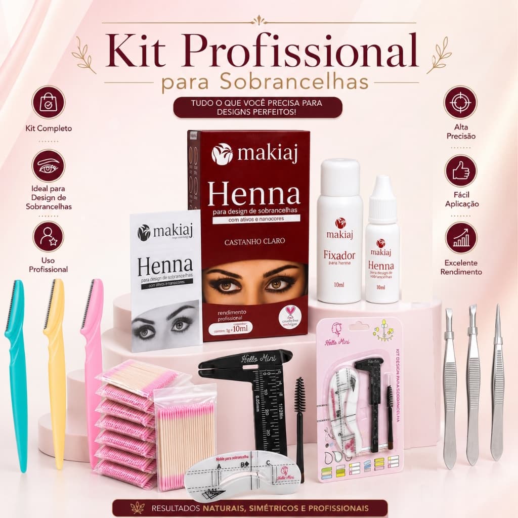 Kit Henna Makiaj Design Sobrancelhas Completo Profissional Navalhas Pinças Palitos Paquimetro Molde