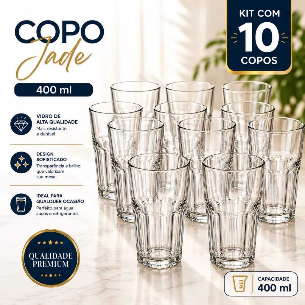Jogo Cozinha Kit Com 10 Copos De Vidro Grosso 400 Ml Resistente Moderno Copos De Vidro 400 Ml
