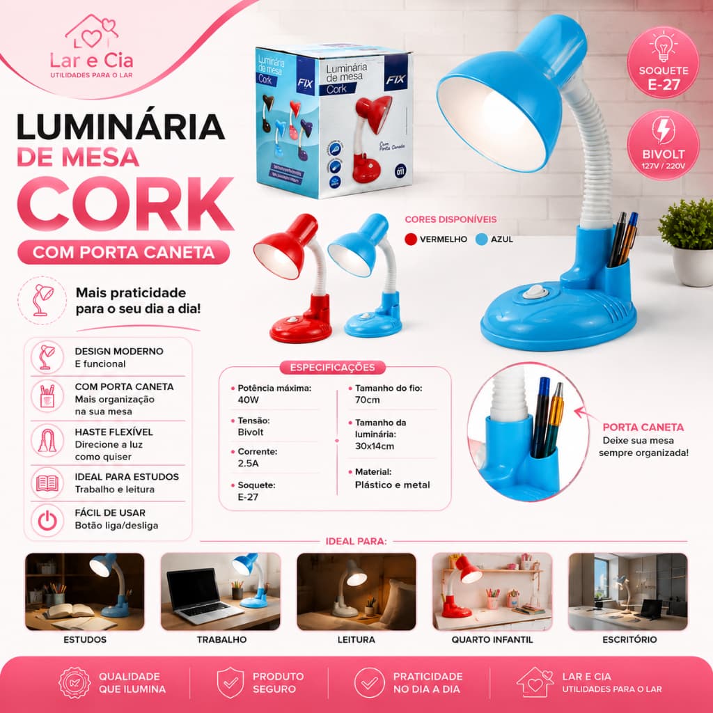 Luminária De Mesa Com Porta Caneta Bivolt Soquete E27 Flexível Para Estudos Escritório