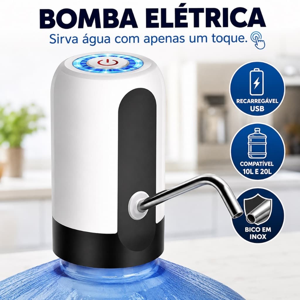Bomba Elétrica Recarregável Galão Água USB Dispenser Automático Bico Inox 10L 20L