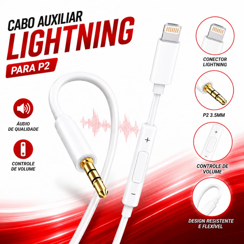 Cabo Adaptador P2 Aux 3.5mm Para iPhone Fone Ouvido Som Carro