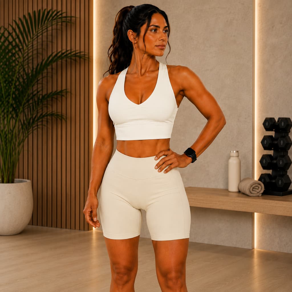 Kit Fitness Feminino Top Regata Decote Redondo + Shorts Cintura Alta Premium Academia Treino Poliamida Alta Elasticidade