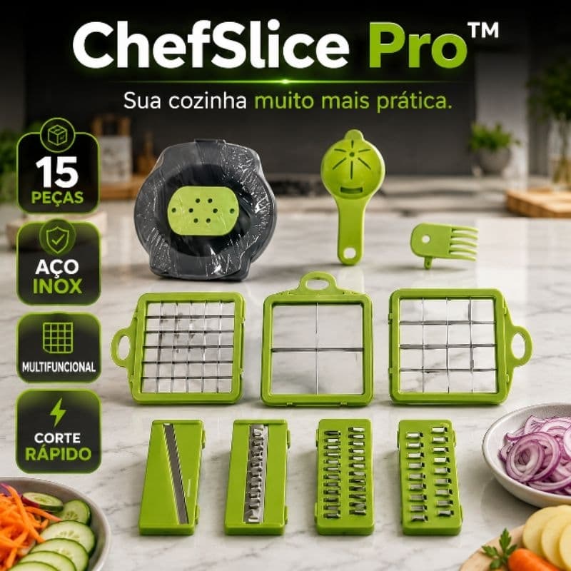 Ralador Fatiador de Legumes Multifuncional 15 Peças Cortador de Vegetais Aço Inox ChefSlice Pro™