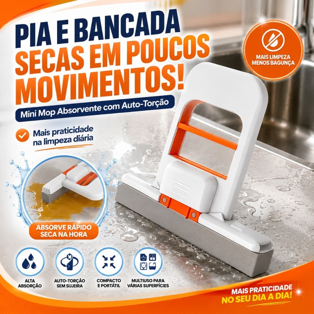 Mini Mop Absorvente para Pia e Bancada com Auto Torção Rodo Esponja PVA Portátil Multiuso