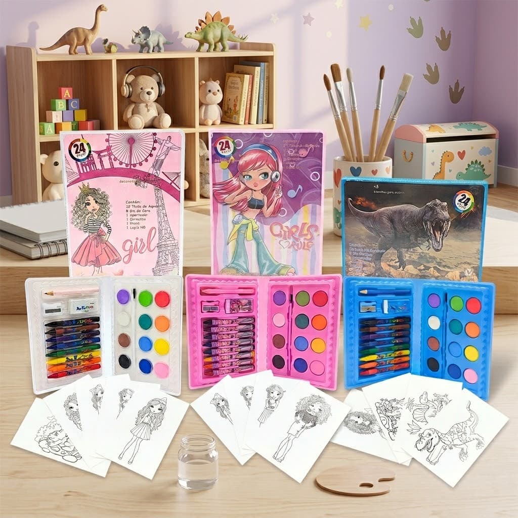 Kit 10 Maletas Maletinha Estojo 24 Peçs Pintura Aquarela Escolar Infantil Personalização Aniversário Brinde Envio Rápido