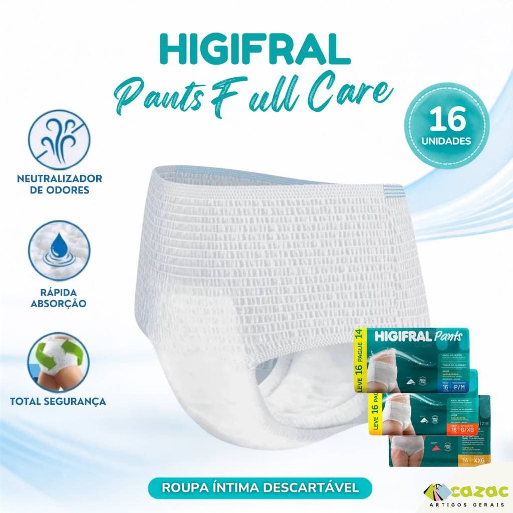 Fralda Geriátrica Pós Parto Higifral Pants Descartável Unissex Calcinha Cueca 14 ou 16 Unidades Full Care XXG Plus Size