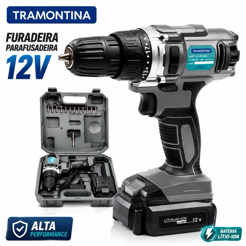 Parafusadeira/Furadeira Tramontina 12V à Bateria Kit 16 Peças Bivolt Com Maleta