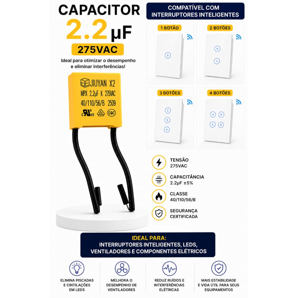 Capacitor Mpx 2,2uf 275vac X2 Para Interruptor Inteligente, ventiladores e compontentes eletricos!