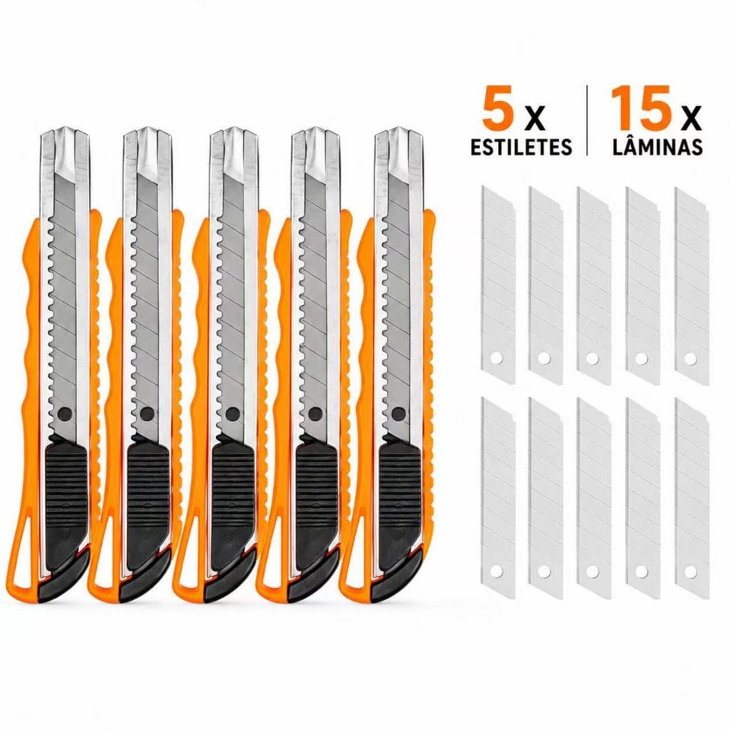 Kit 5 Estilete Profissional Emborrachado + 15 Lâminas  Reforçado Multifuncional Premium