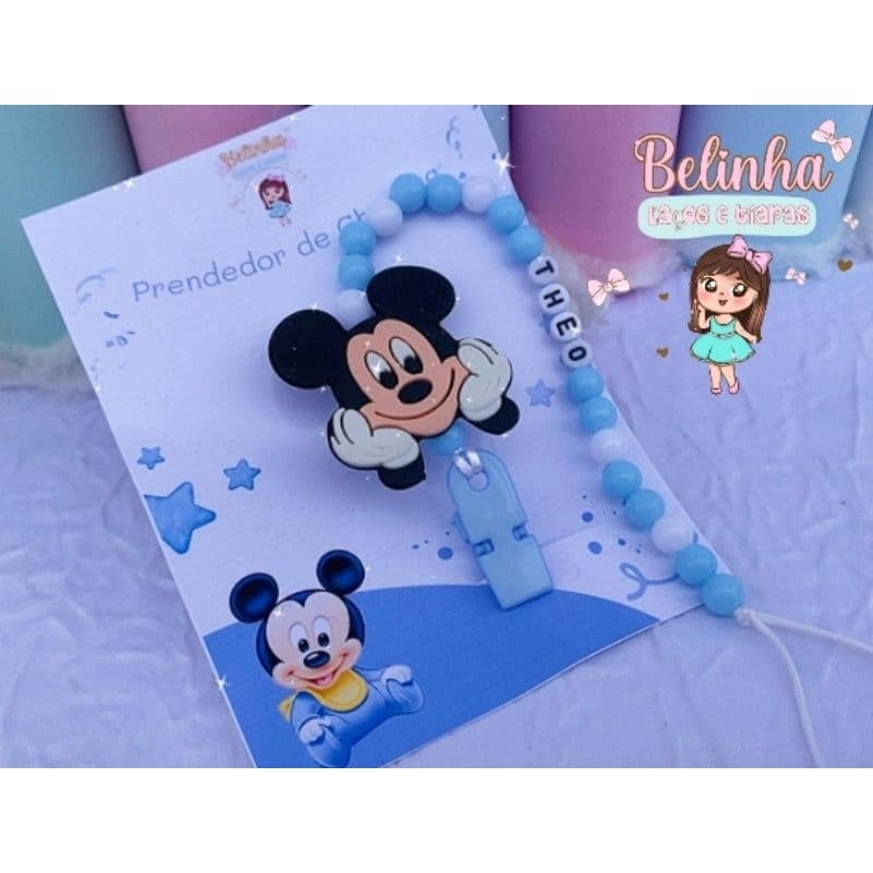 Prendedor de Chupeta Personalizado com Nome Mickey Azul  Porta Chupeta Bebê Menino Presente Maternidade Artesanal