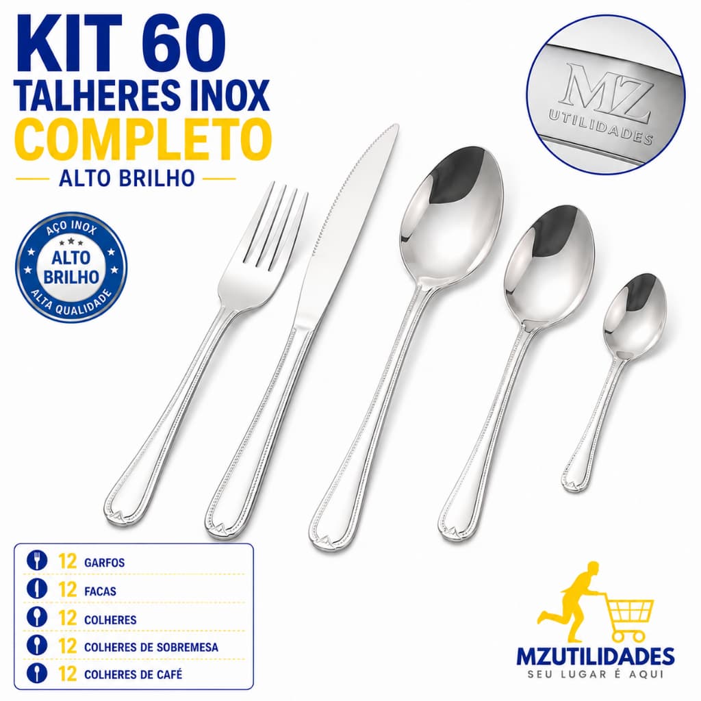 Kit 60 Talheres Inox Completo Alto Brilho Garfo Faca Colher Faqueiro Aço Inoxidável