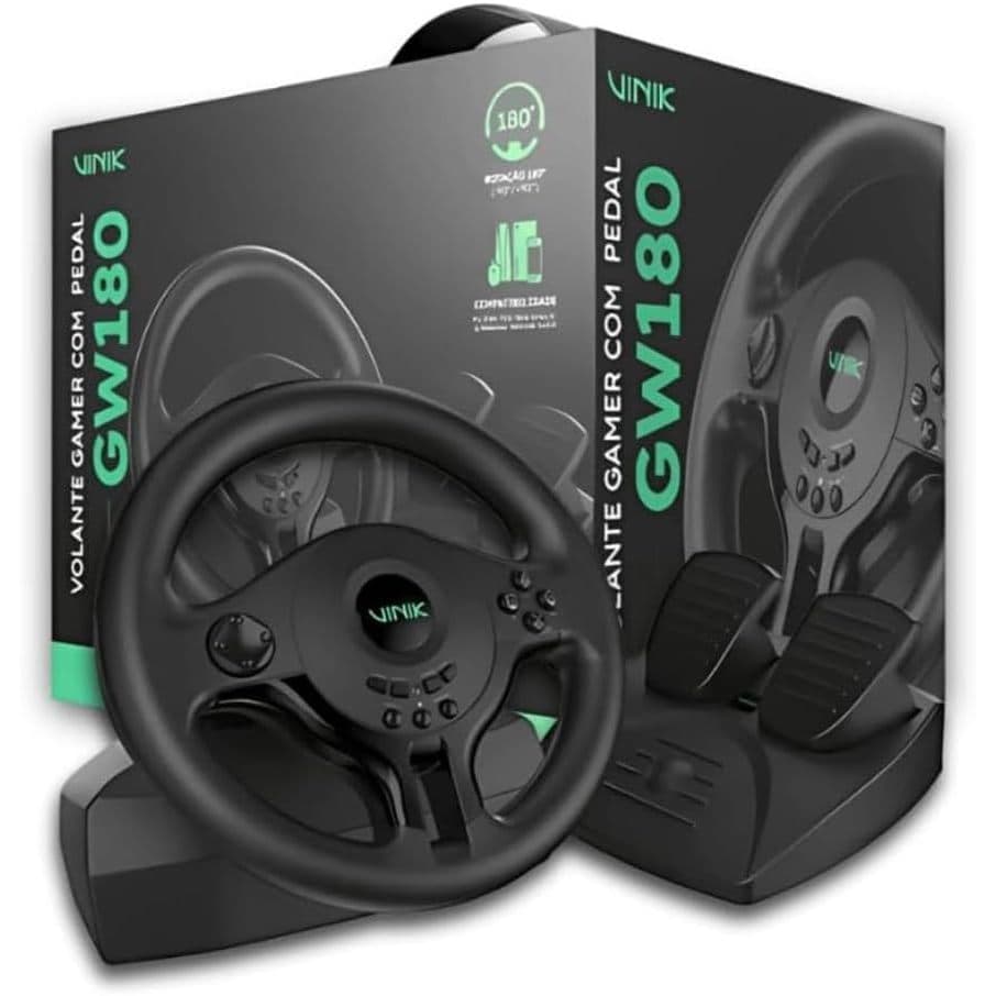 Volante Gamer Vinik GW180 180 Graus, Vibração, Pedais, Mobile(OTG)/ Xbox S, X, One/PS4/Switch/PC