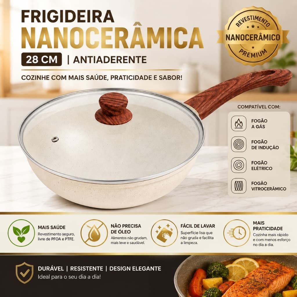 Frigideira Nanocerâmico antiaderente Granito com Tampa 28cm creme carne ovos panquecas