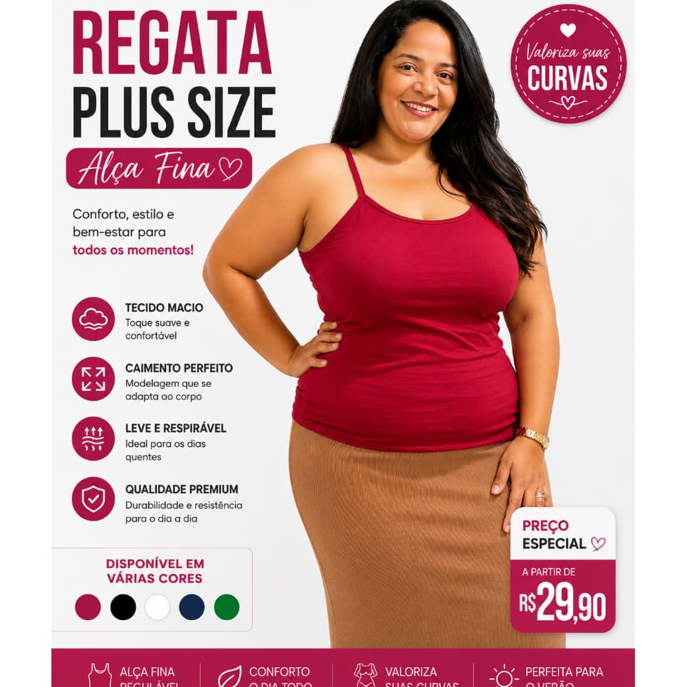 Regata Feminina Plus Size Alça Fina Básica Lisa Confortável Blusa Casual Moda Verão