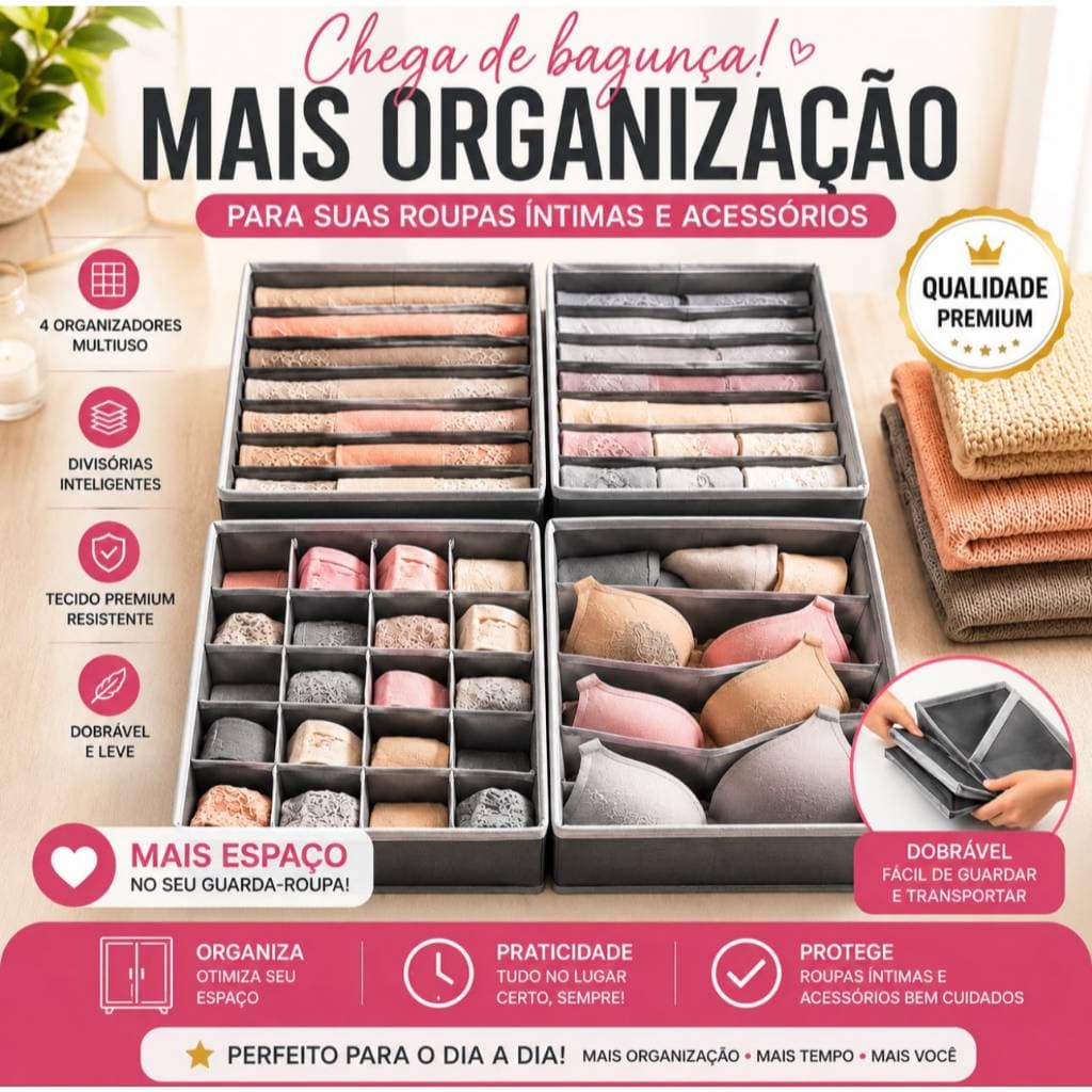 Kit Organizador de Gaveta 4 Peças Dobravel Divisorias Organiza Meias Sutias Calcinhas Cuecas Roupas Intimas