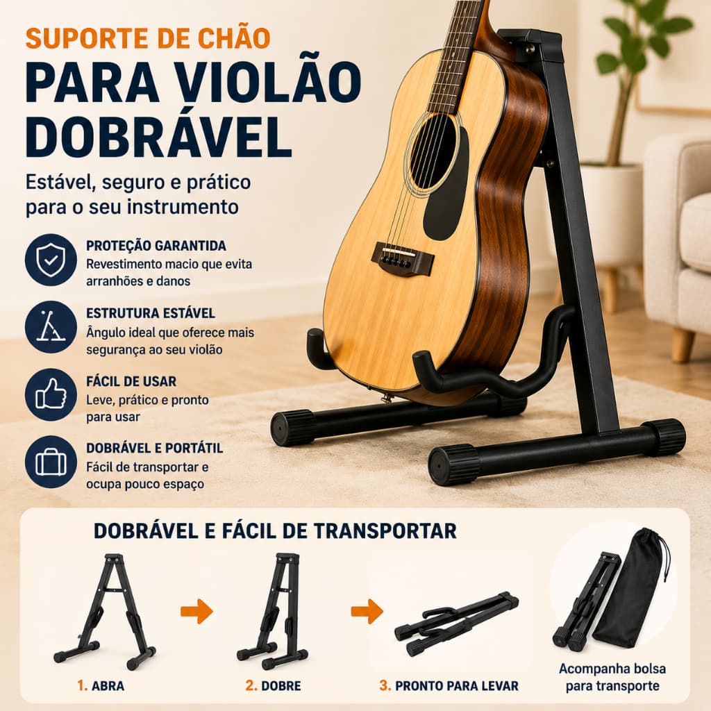 Suporte De Chão Violão Guitarra Violino Baixo Ukulele Cavaco Bertô Cavalete Profissional Dobrável