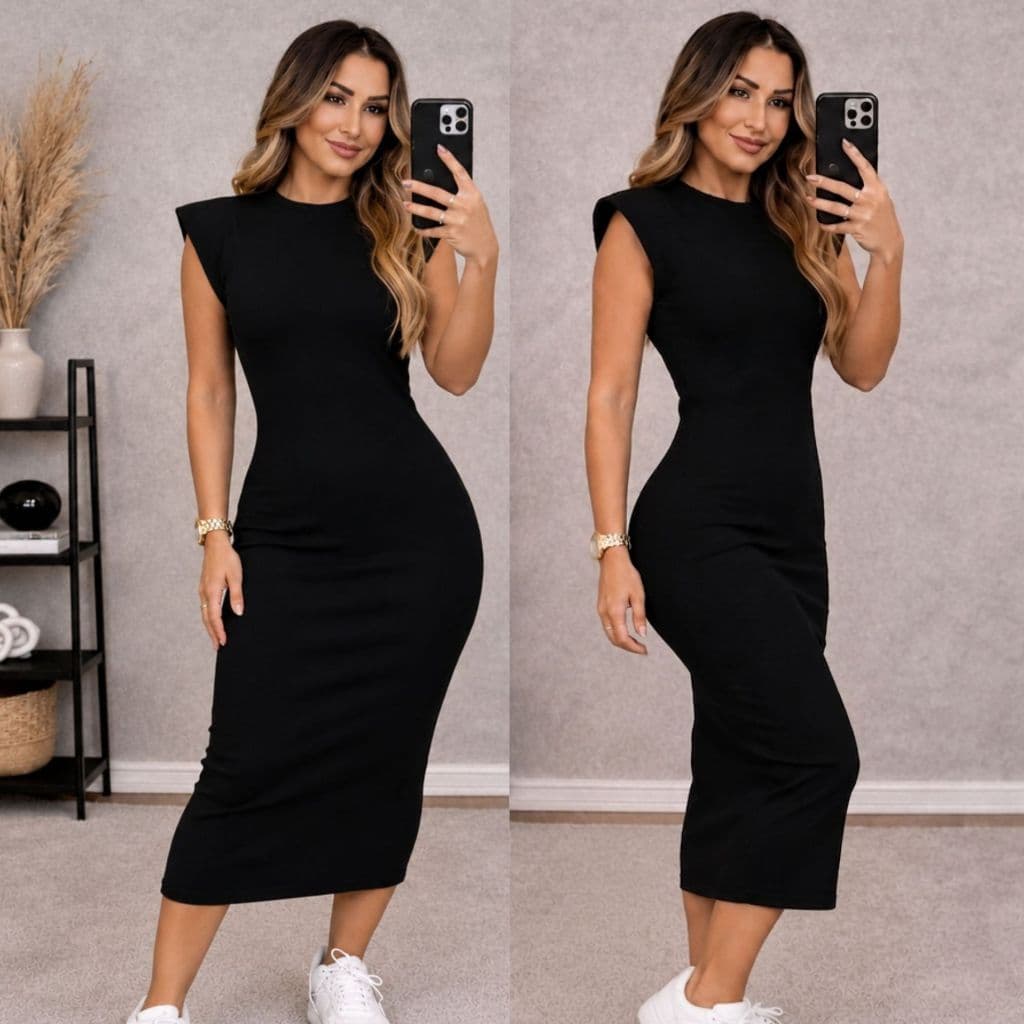 Vestido Midi Casual Basico Feminino Ribana Canelada Manga Muscle Moda Gringa