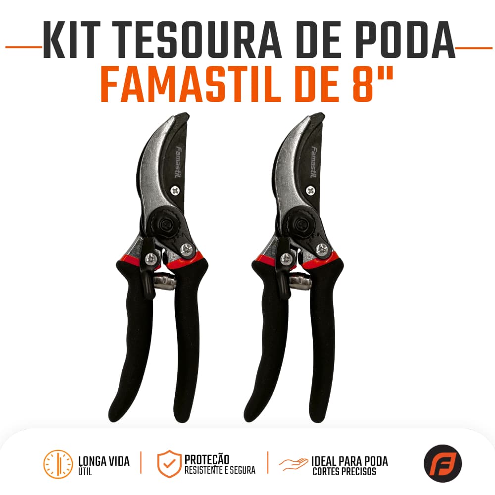 Tesoura de Poda Famastil 8" Aço Carbono Jardinagem Flores Galhos Horta Profissional Kit com 2