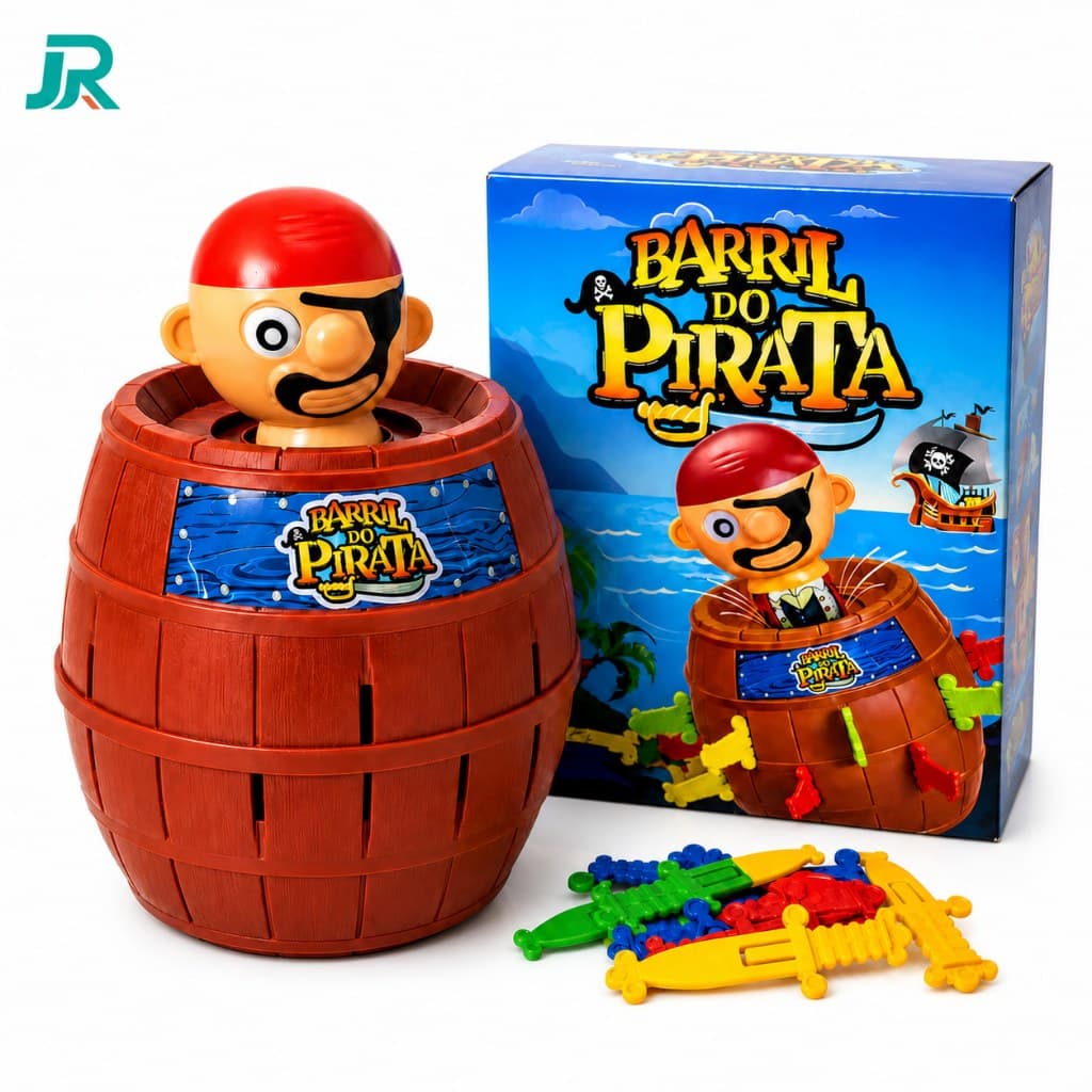 Jogo Pula Pirata Art Brink Barril do Pirata Grande 18x13cm com 16 Espadas Brinquedo - Envio Rápido.