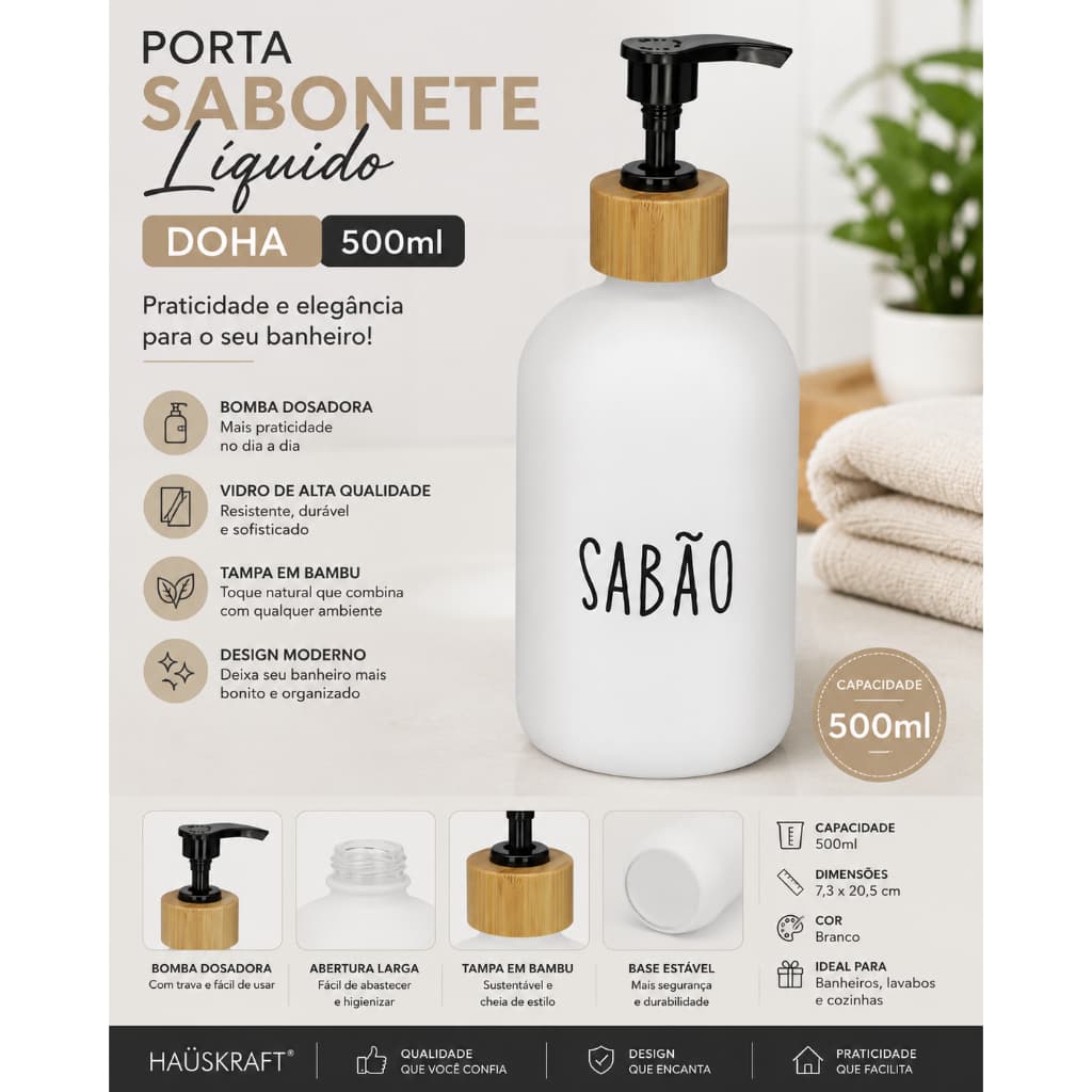 Porta Sabonete Líquido De Vidro Banheiro Doha 500ml Branco Hauskraft