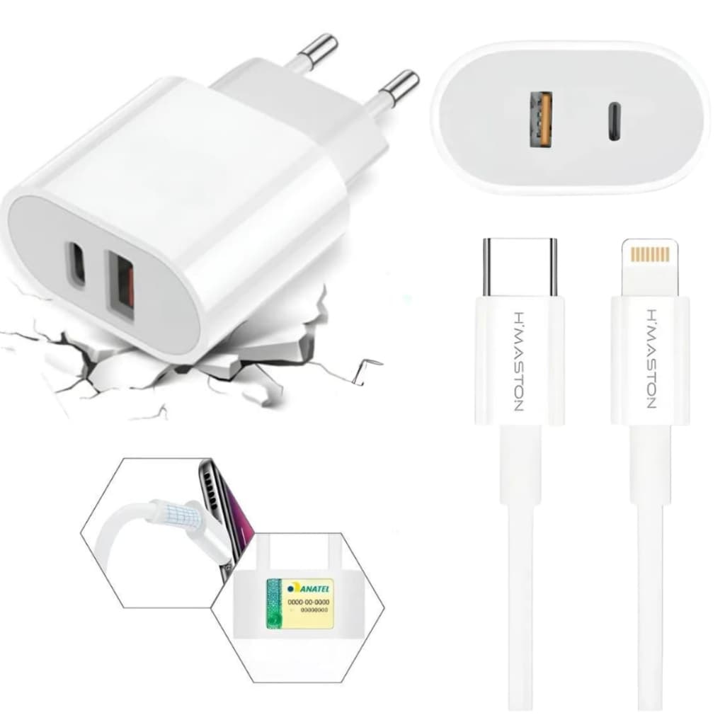 Carregador Turbo 50w Compatível com iPhone Cabo Lightning Fonte USB e USB-C H'maston Original