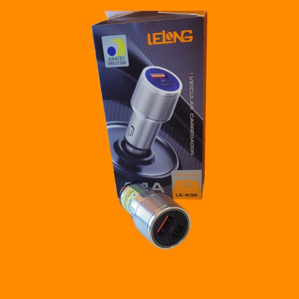 Carregador Veicular Turbo Lelong LE-532 3.4A Duplo USB e Tipo-C Carro Anatel