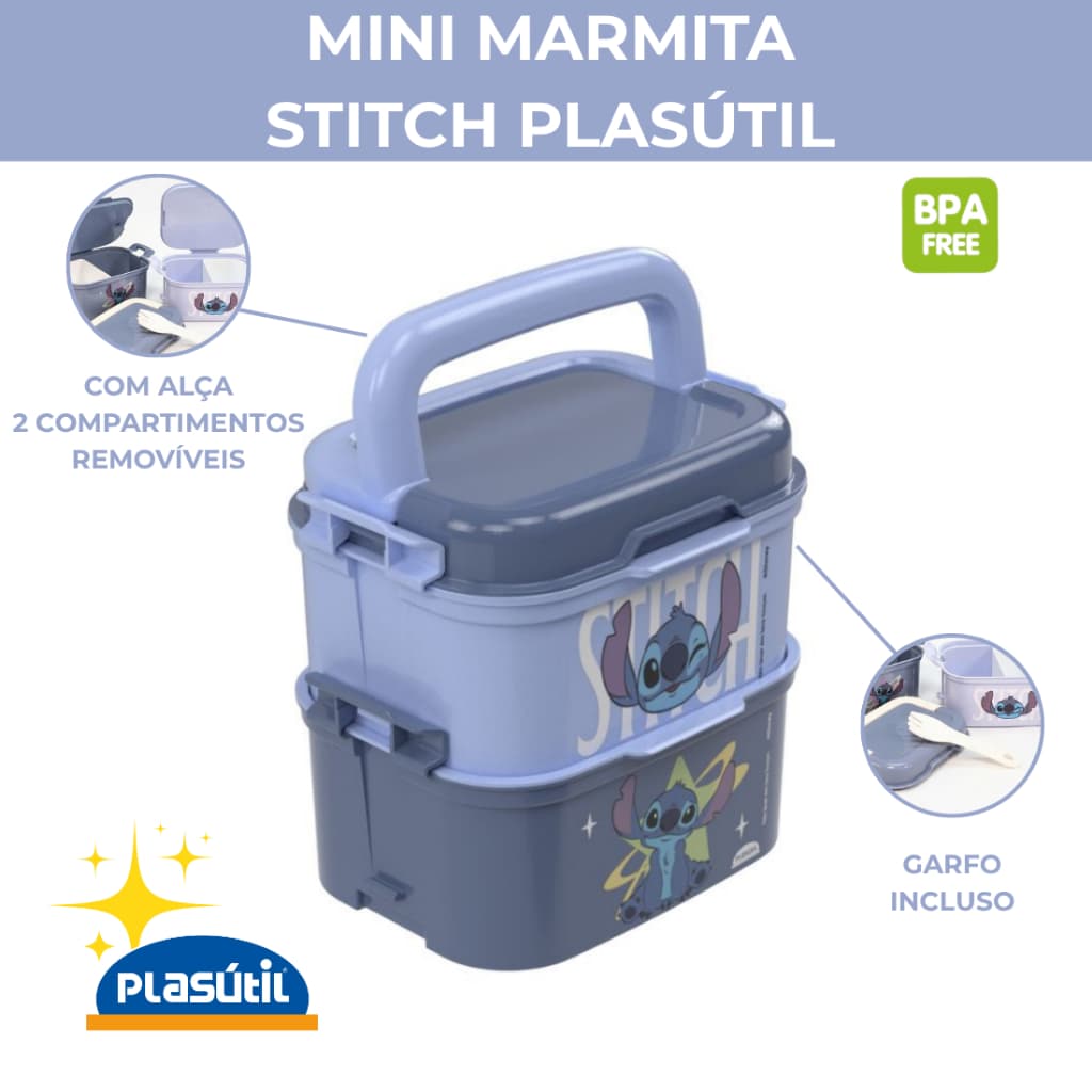 Mini Marmita Stitch 440ml com Garfo Divisórias Plasútil
