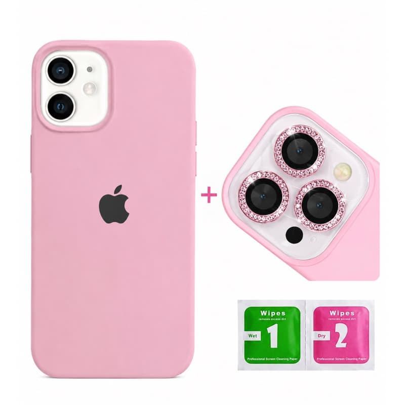 Kit Capinha Silicone Aveludada + Película Lente Câmera Diamante para iPhone 11 12 13 14 15 16 Pro Max