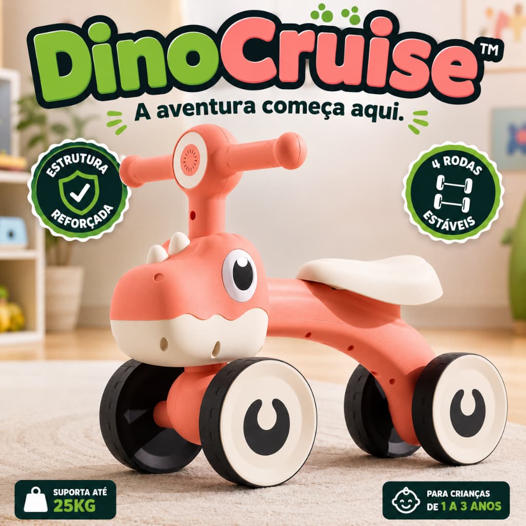 Balance Bike Infantil Dino com Luz 4 Rodas Verde ou Rosa Bicicleta de Equilíbrio para Crianças