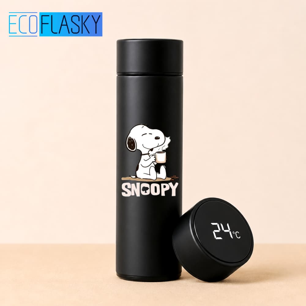Garrafa Térmica de Água Infantil Estampada Snoopy 500ml Medidor Temperatura Termometro LED Digital